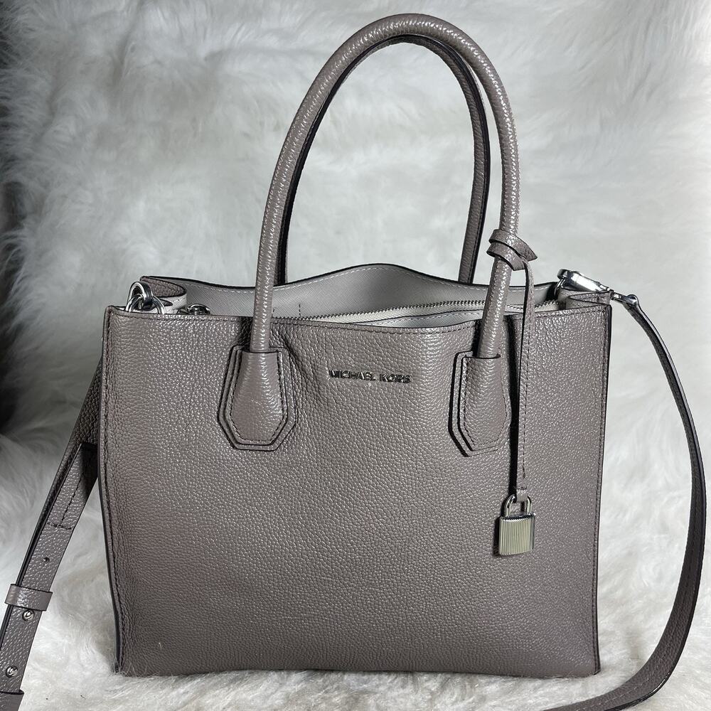 MICHAEL KORS Mercer Medium Gray Pebbled Leather Belted Satchel Handbag